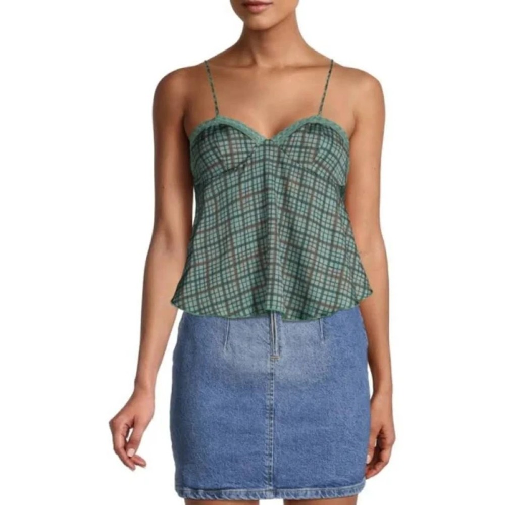 Free People NWT With Confidence Crop Checked Cami Lace Trim Tank Forest Sm New